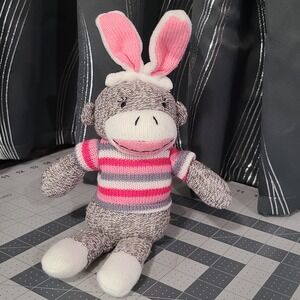 SOCK MONKEY Bunny Ears 12" tall Dan Dee Collector's Choice PINK Striped Easter
